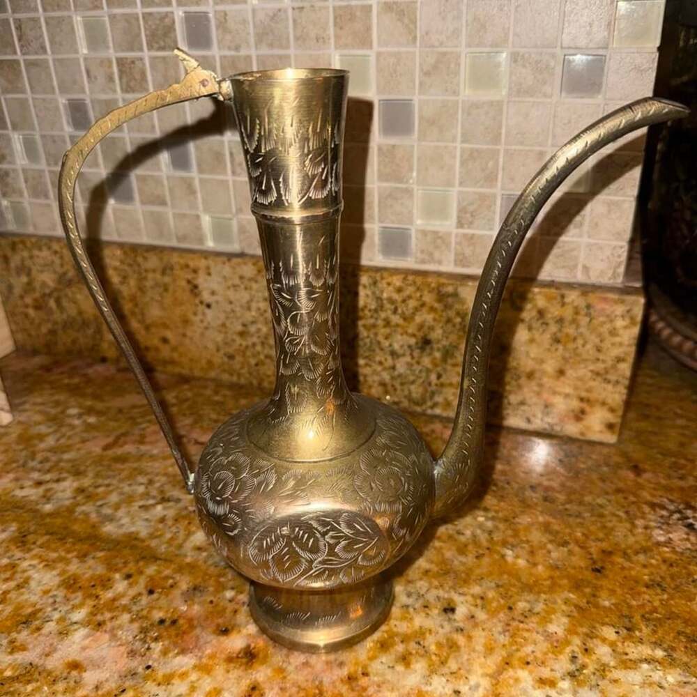 Vintage Brass Aftaba Ewer Hand Engraved Floral Pitcher